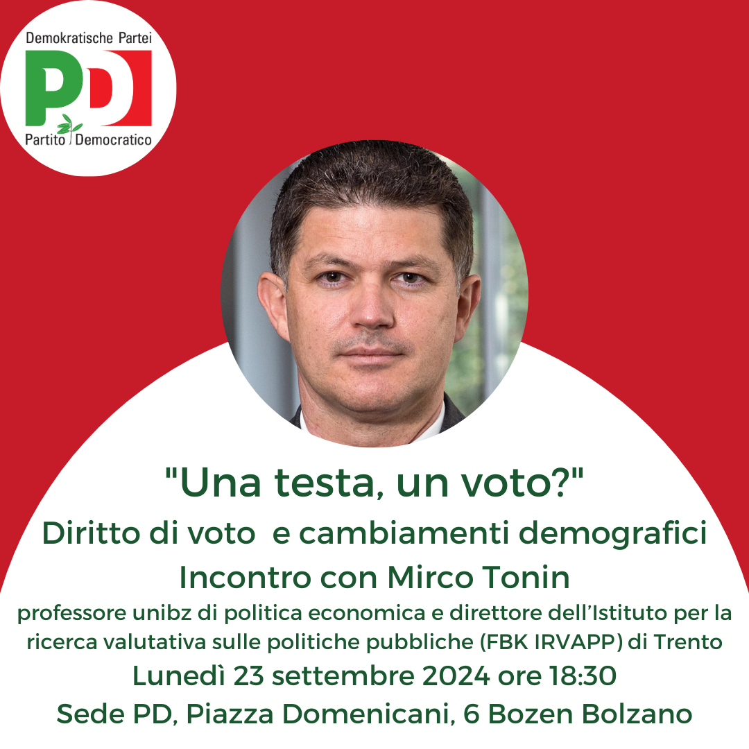 “Una testa, un voto?”.Diritto di voto e cambiamenti demografici, con Mirco Tonin, 23.9.24 a Bolzano