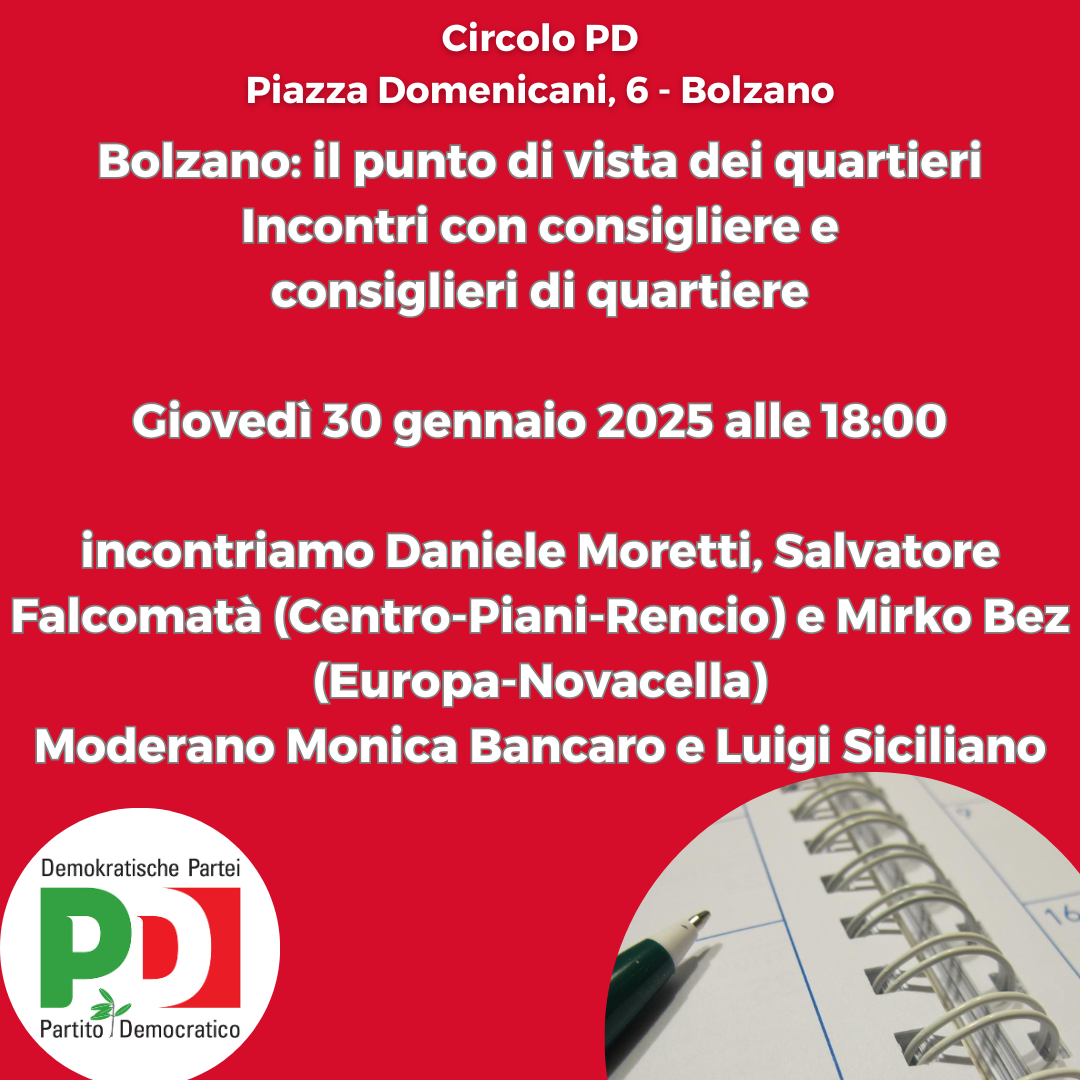 Incontri con consigliere e consiglieri di quartiere a Bolzano: si inizia giovedì 30 gennaio 2025 alle 18:00